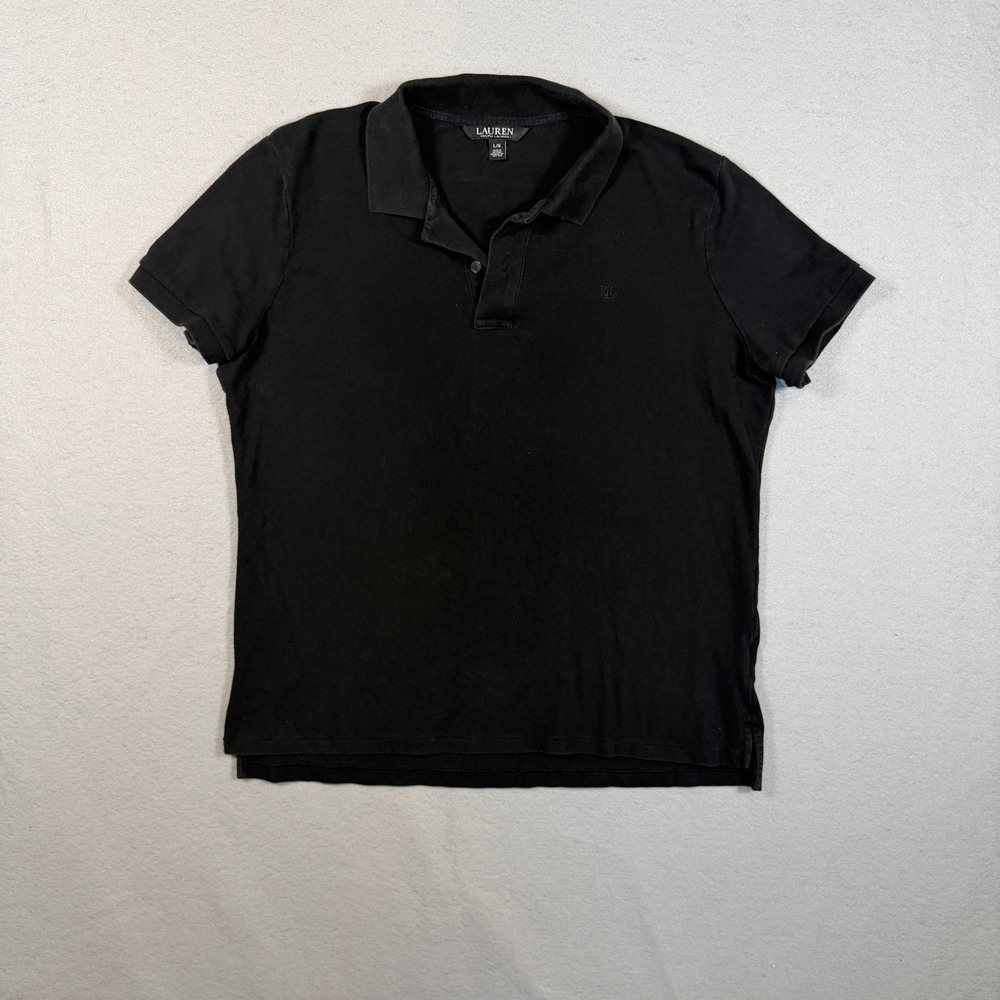 Lauren Ralph Lauren Women Polo Shirt L Black Solid Embroidered Logo FB0075